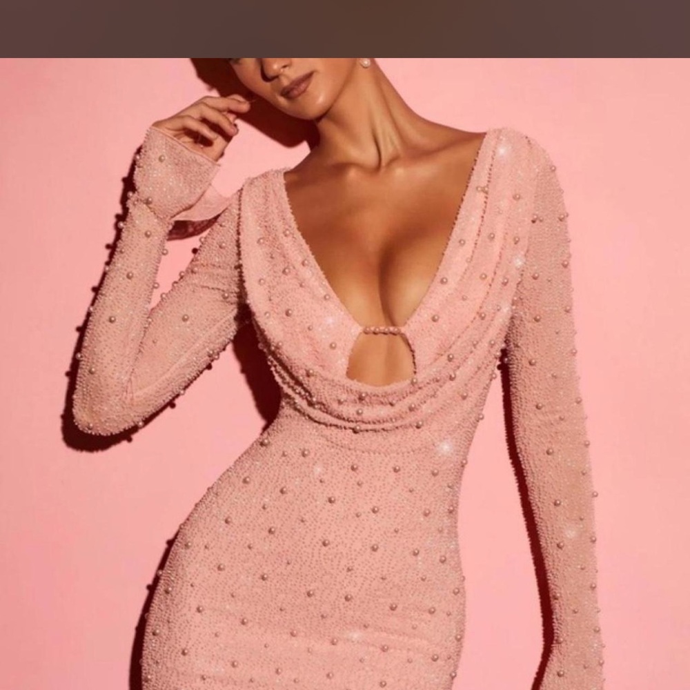 Oh Polly Pink Long Sleeve Beaded Dress